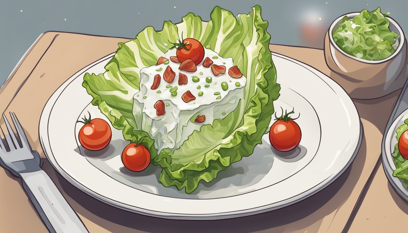 A crisp iceberg lettuce wedge sits on a plate, topped with creamy dressing, bacon bits, and cherry tomatoes