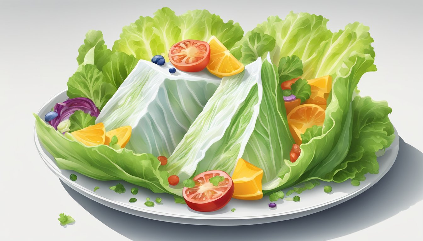 A wedge of iceberg lettuce with colorful garnishes and toppings arranged around it on a white plate