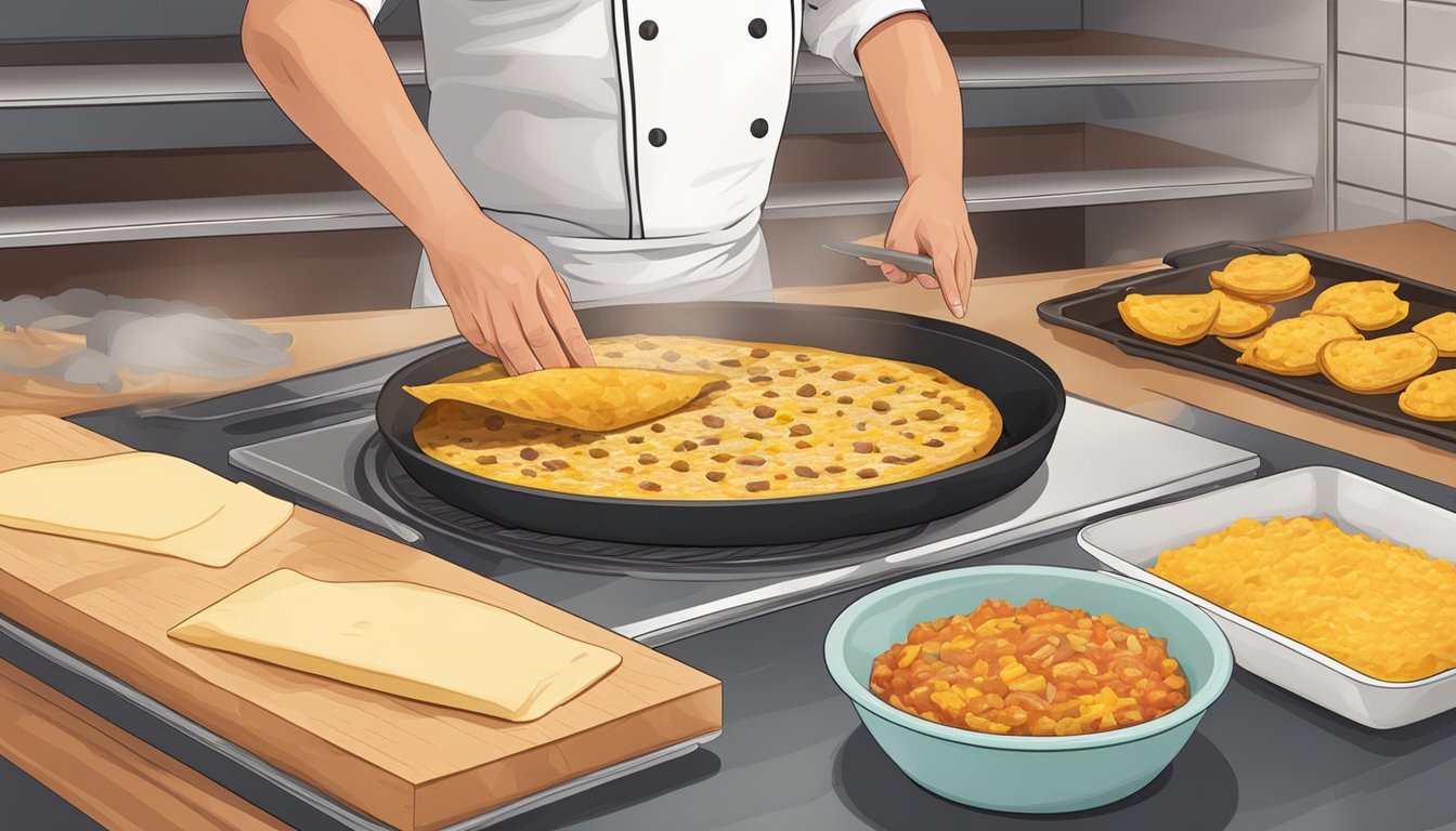 A chef preparing and rolling a corn tortilla filled with meat and sauce, then smothering it with cheese and placing it in the oven to bake