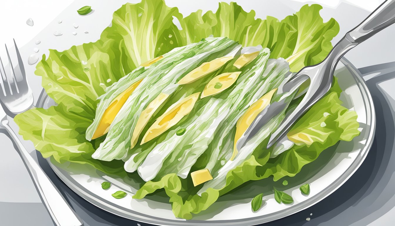 A fork spears an iceberg lettuce wedge, drizzled with dressing, on a white plate