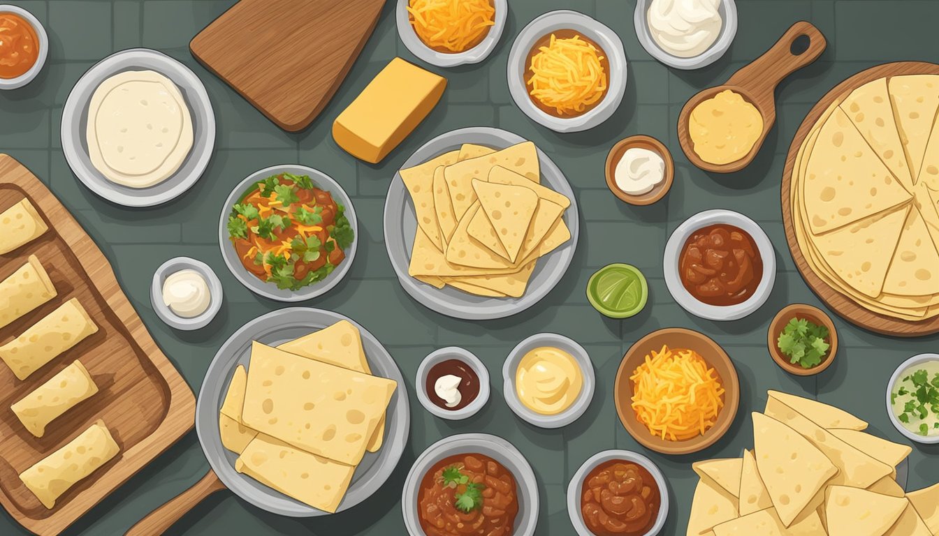 A spread of tortillas, meat, cheese, and sauce laid out on a counter, ready to be assembled into enchiladas