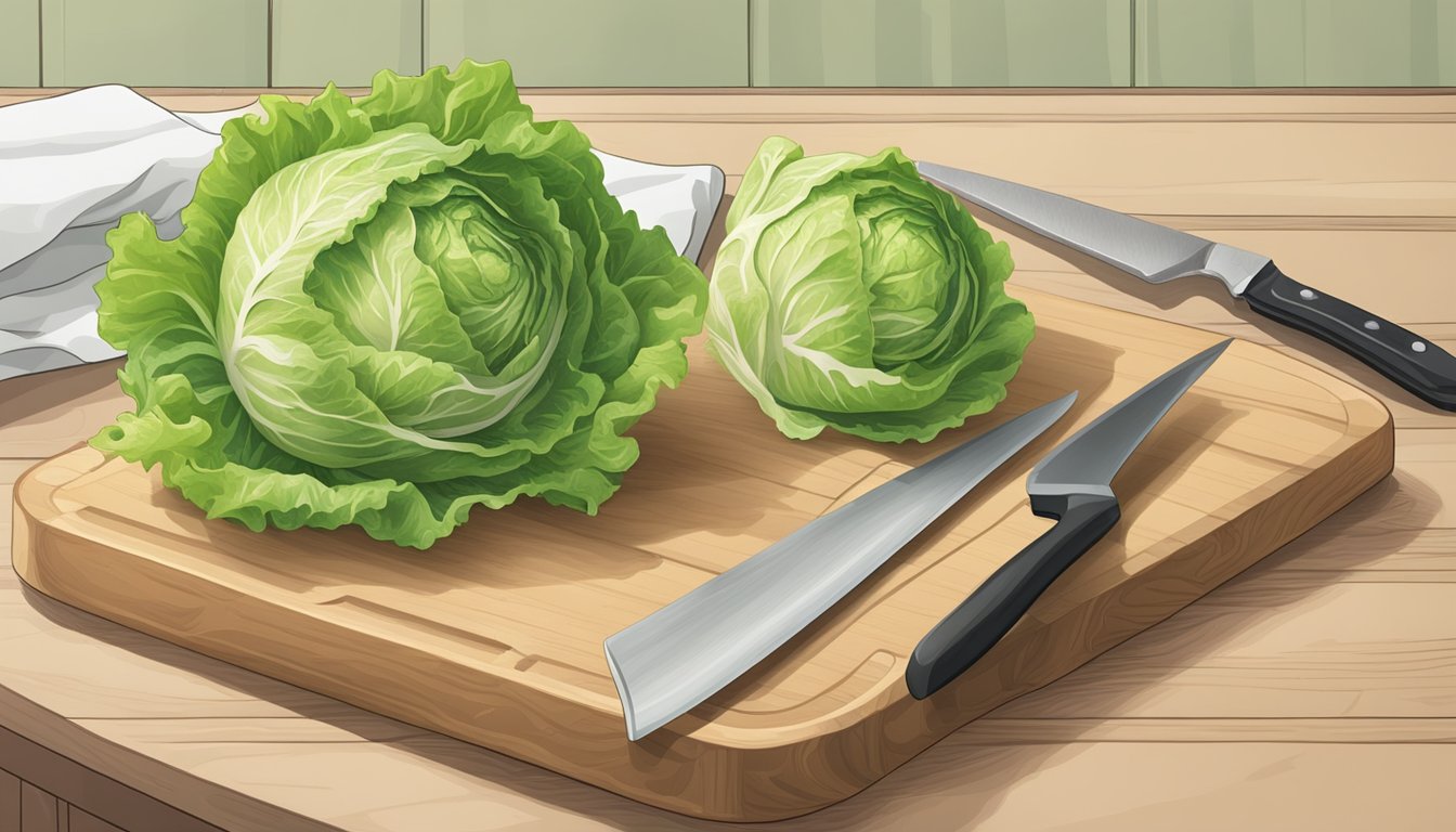 A head of iceberg lettuce sits on a cutting board with a knife nearby. A container of pre-cut lettuce is in the background