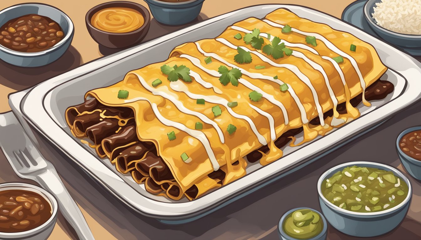 A table set with a plate of enchiladas, topped with melted cheese and drizzled with sauce, alongside a side of rice and beans