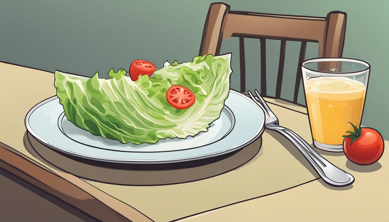 A wedge of iceberg lettuce on a plate, topped with diced tomatoes and drizzled with dressing. A fork rests nearby