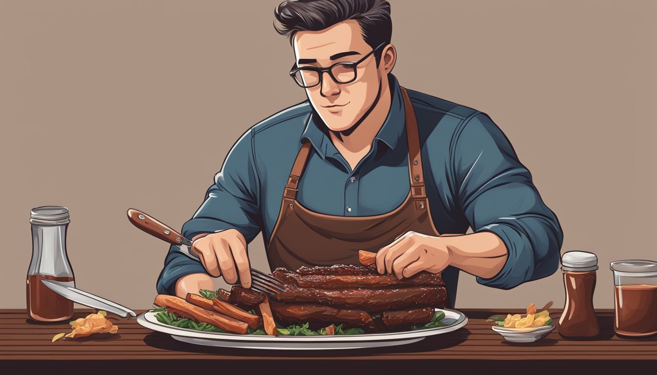 A person holding a rack of ribs with a knife and fork, cutting into the meat and taking a bite. A side of barbecue sauce and a napkin are nearby