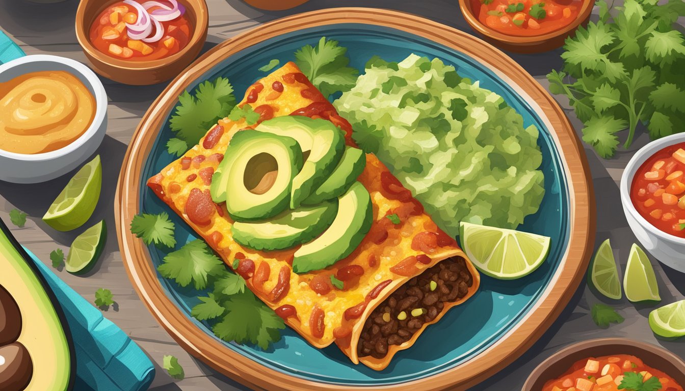 A sizzling enchilada on a colorful plate, surrounded by vibrant ingredients like avocado, salsa, and cilantro