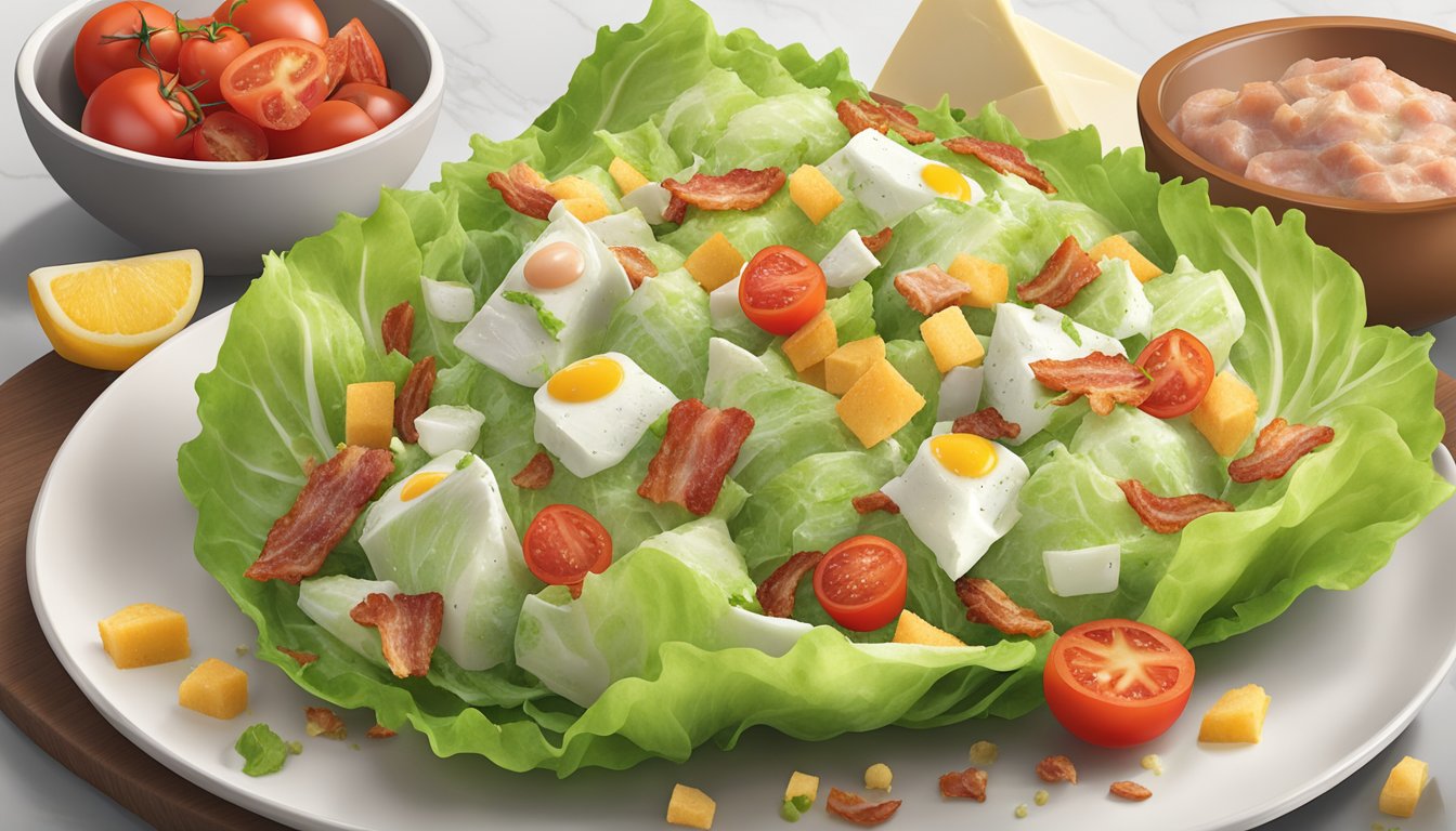 A wedge of iceberg lettuce topped with various dressings and toppings, surrounded by scattered ingredients like bacon, tomatoes, and croutons