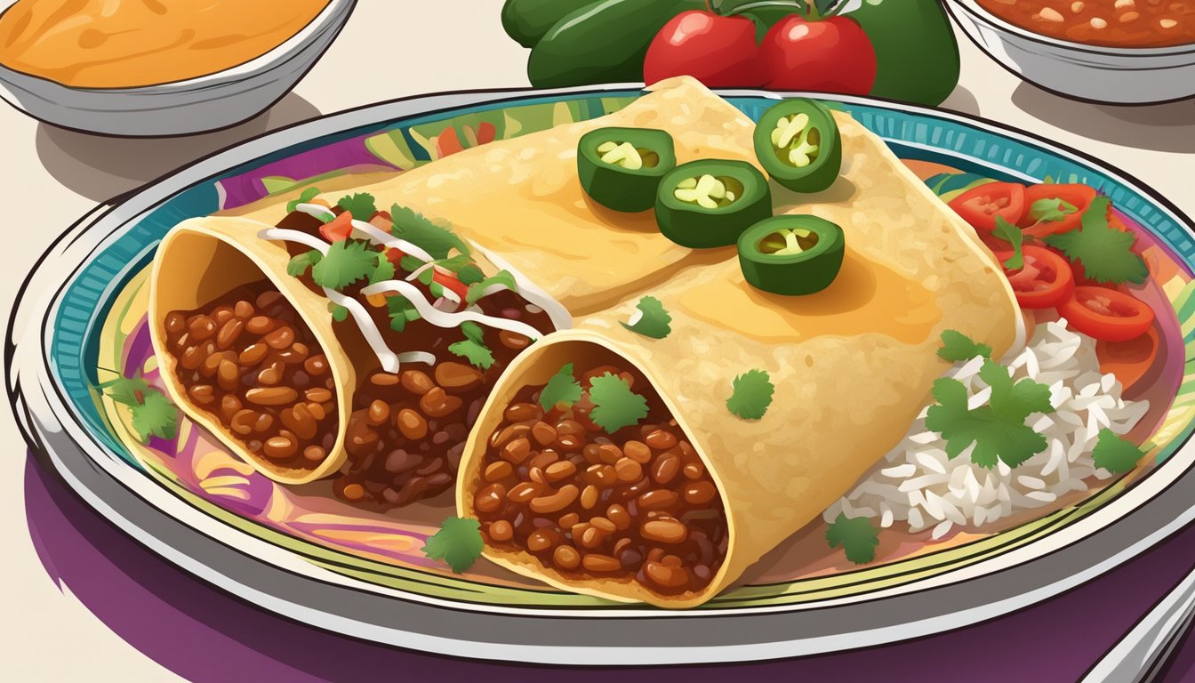 An enchilada surrounded by rice, beans, and salsa on a colorful plate