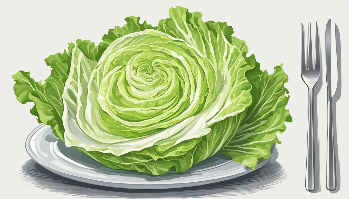 A fork spears into a crisp iceberg lettuce wedge, drizzled with dressing, on a white plate. A knife rests nearby