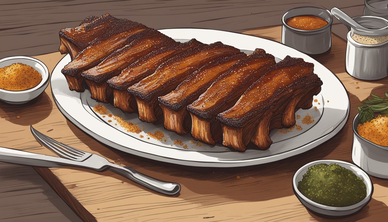 A rack of ribs being generously brushed with barbecue sauce and sprinkled with a blend of flavorful seasonings