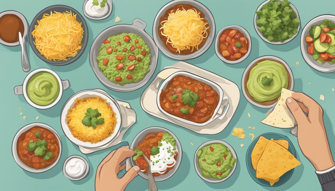 A table set with various enchilada ingredients and toppings, including cheese, salsa, sour cream, and guacamole. A person assembling their own enchilada with their preferred fillings and toppings