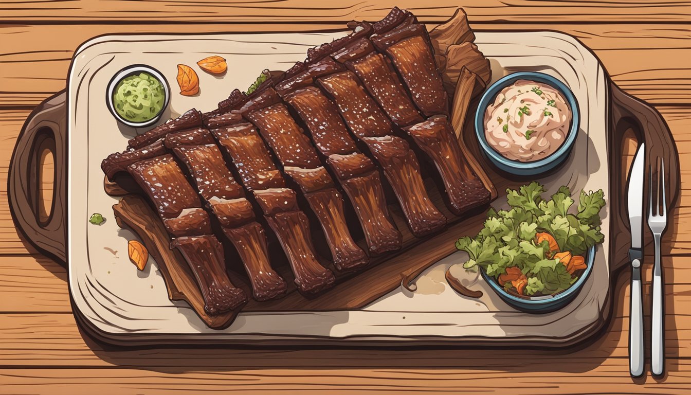 A rack of ribs laid out on a wooden cutting board with a side of coleslaw and a dollop of barbecue sauce, a knife and fork placed nearby