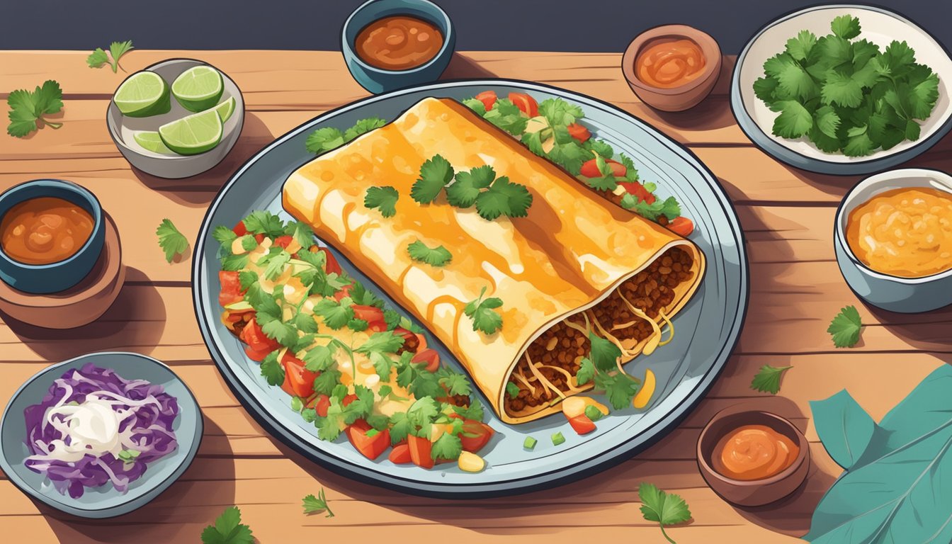 An enchilada on a plate, topped with a drizzle of sauce and a sprinkle of fresh cilantro, surrounded by colorful side dishes