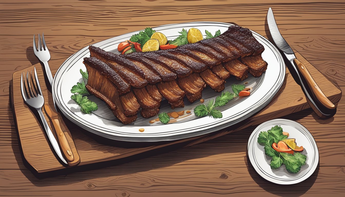 A rack of ribs sits on a wooden cutting board, surrounded by empty plates and scattered napkins. A fork and knife are placed neatly to the side