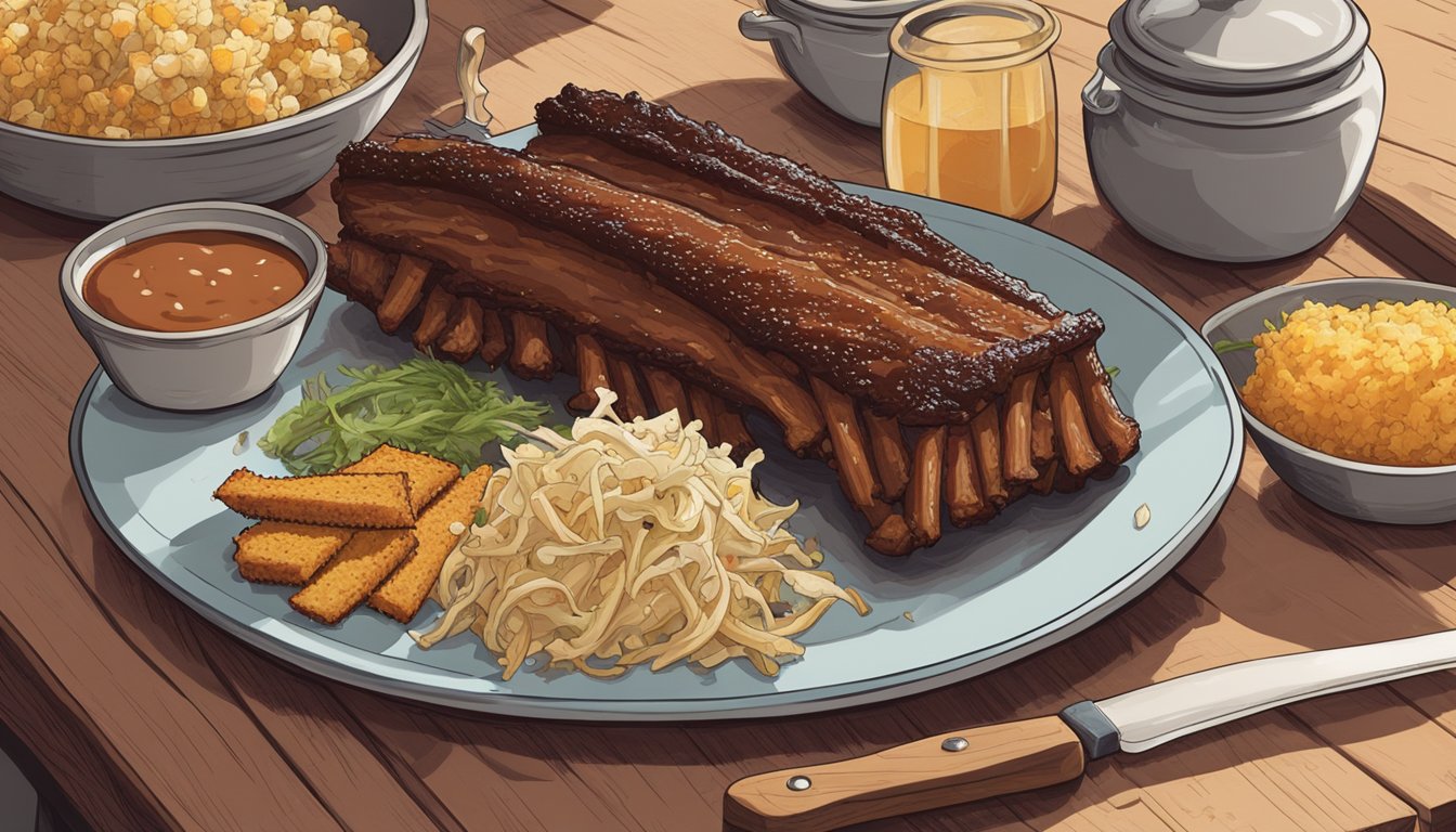 A rack of ribs rests on a wooden cutting board, surrounded by bowls of tangy barbecue sauce, cornbread, and coleslaw. A pile of napkins and a stack of empty bones sit nearby