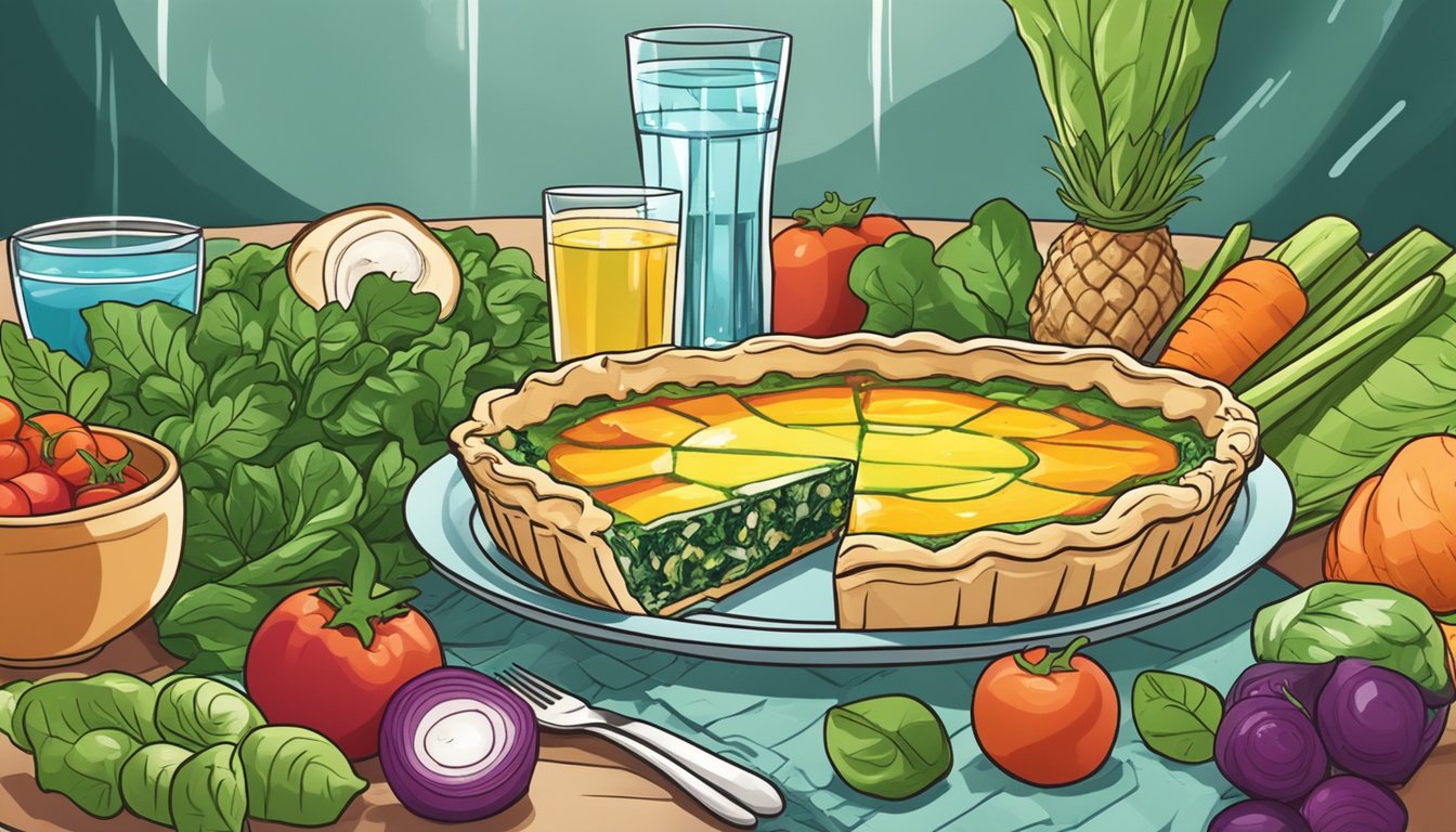 A slice of quiche with spinach and feta on a plate, surrounded by colorful vegetables and a glass of water