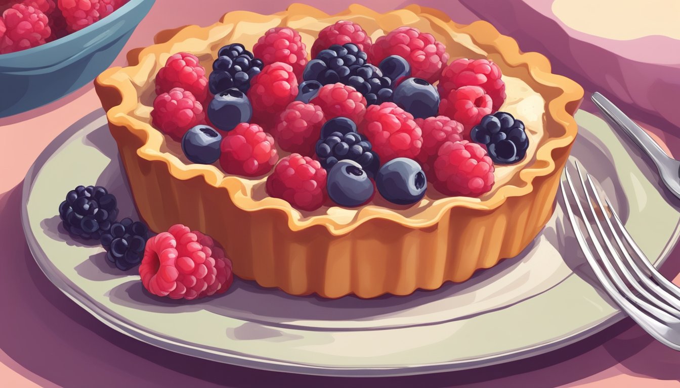 A raspberry tart sits on a delicate plate, surrounded by fresh berries. A fork hovers above, ready to dive into the flaky crust and juicy filling