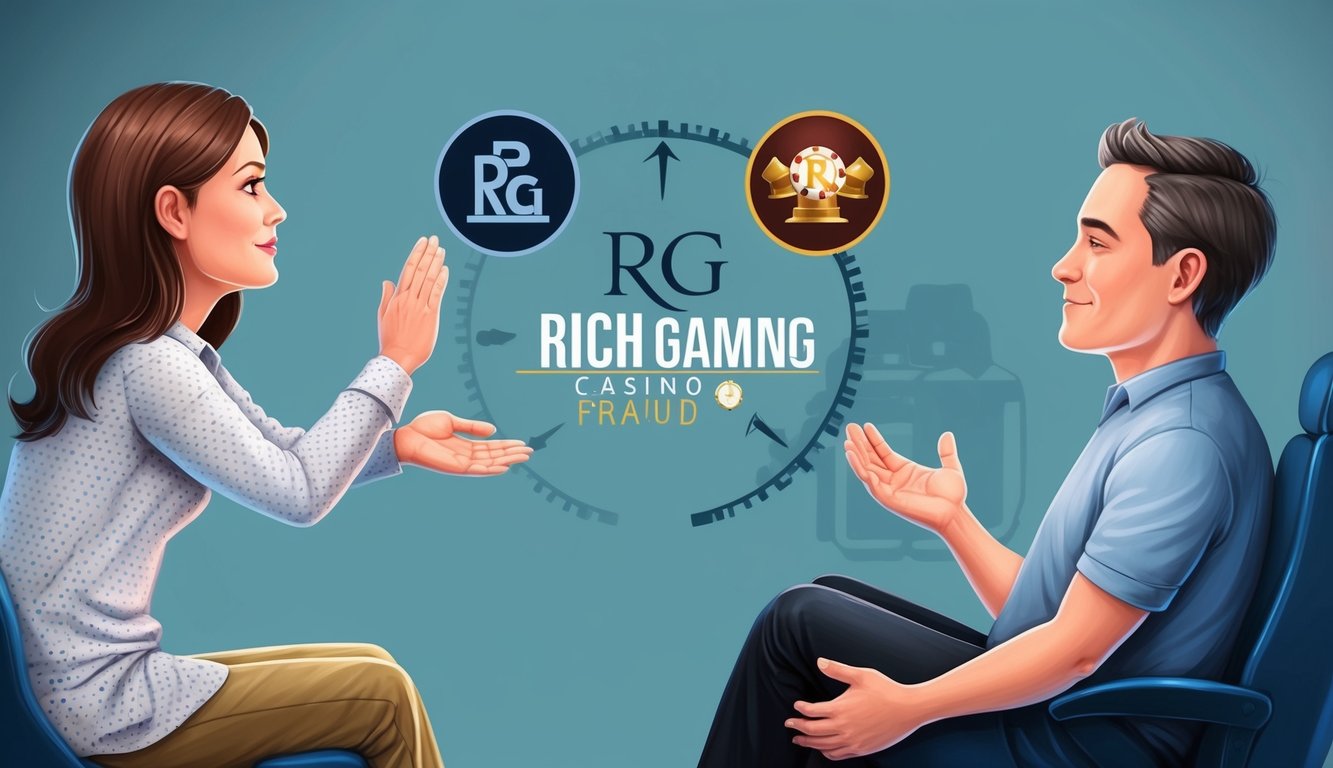 一名受害者正在接受支持，而RG Rich Gaming Casino詐騙則通過欺騙和操控的符號來表現