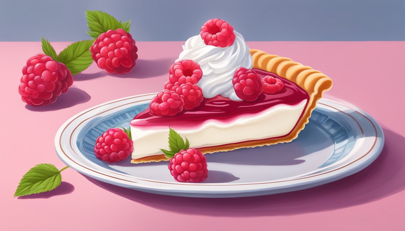 A raspberry tart resting on a delicate porcelain plate, surrounded by fresh raspberries and a dollop of whipped cream