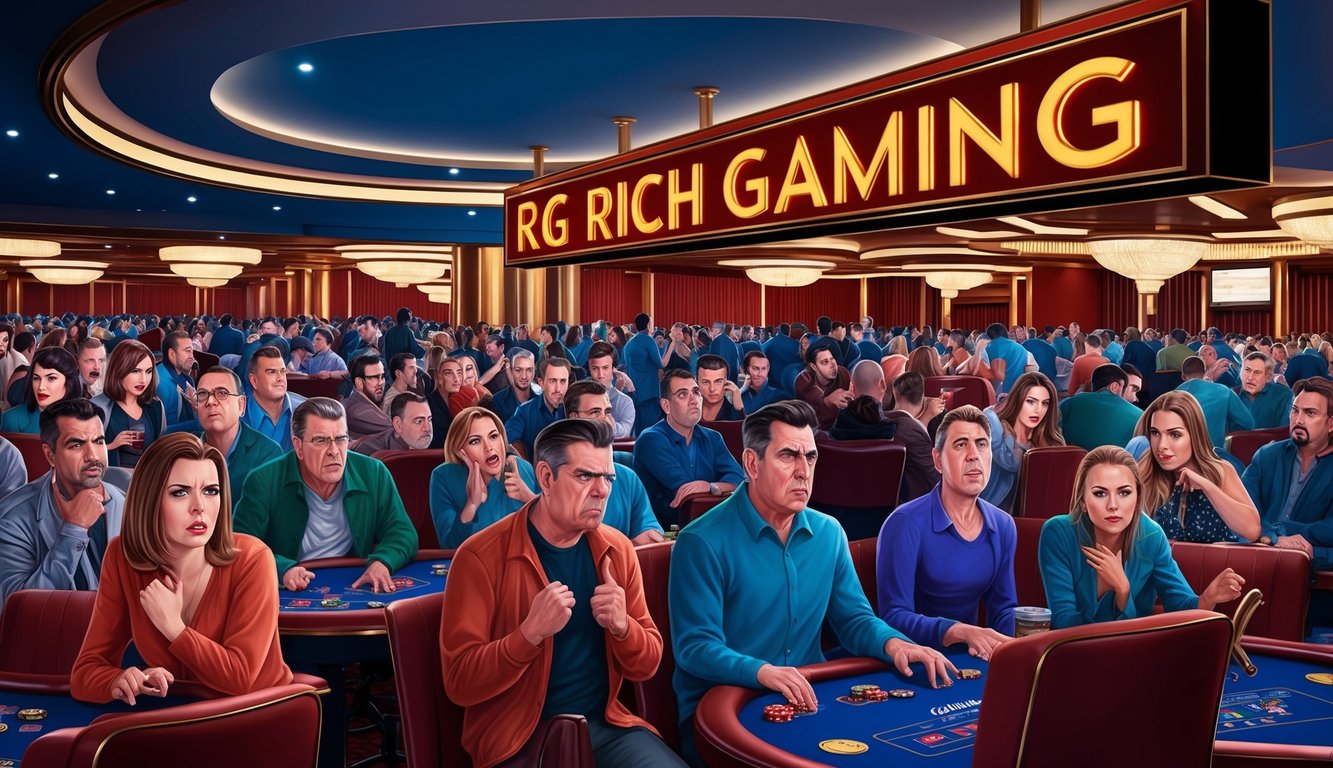 一個擁擠的賭場，櫃檯上有「RG Rich Gaming」的標誌，一群人看起來焦慮和生氣