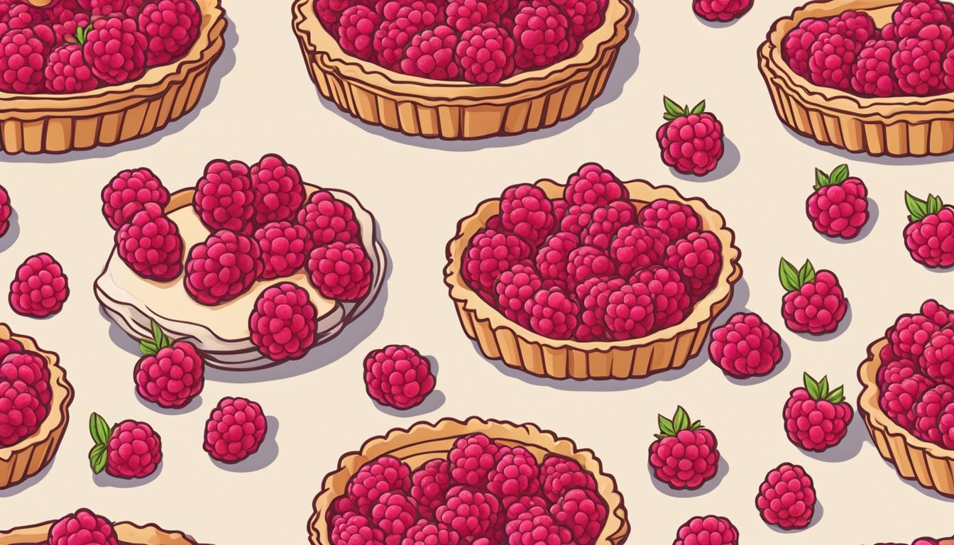 A hand presses dough into a tart pan. Raspberries are arranged in a spiral pattern on the filling