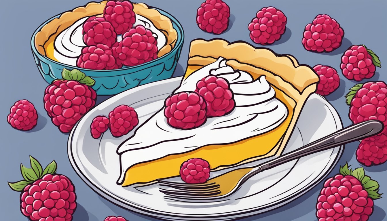 A hand holding a fork cuts into a raspberry tart, revealing the luscious red filling inside. A dollop of whipped cream sits on the side