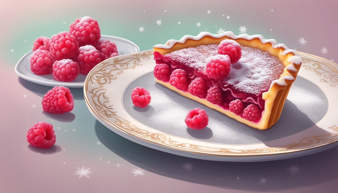 A raspberry tart sits on a delicate plate, adorned with fresh raspberries and a dusting of powdered sugar