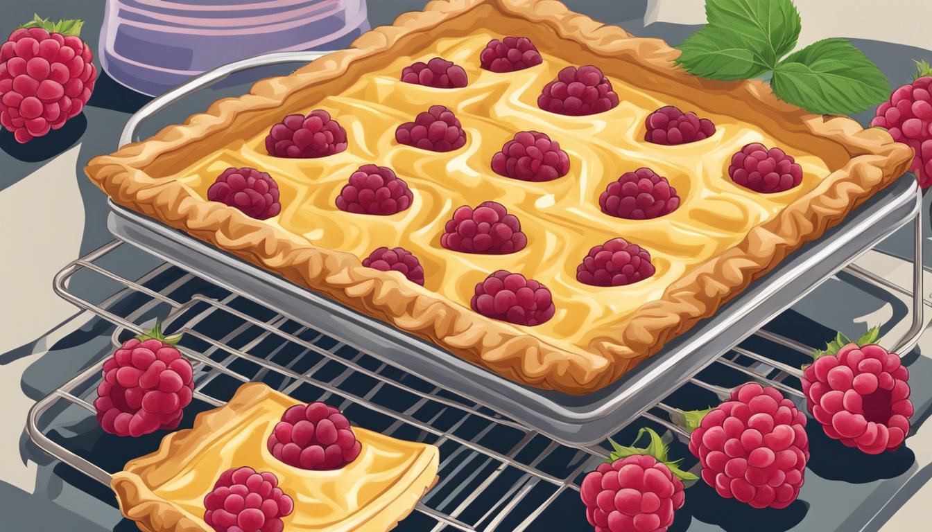 A golden raspberry tart sits on a cooling rack, with fresh raspberries scattered around. A thermometer and oven mitt are nearby