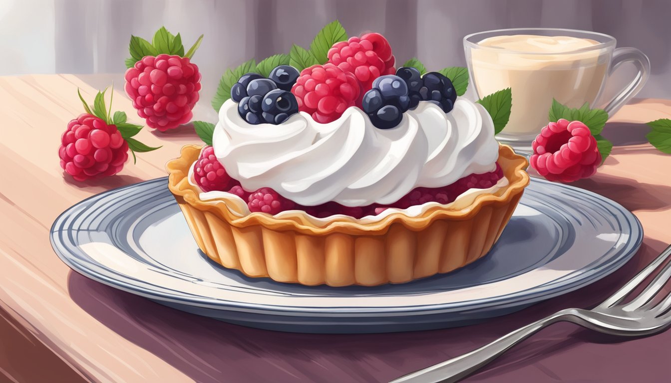 A raspberry tart sits on a delicate plate, surrounded by fresh berries and a dollop of whipped cream. A fork hovers above, ready to dive into the flaky crust and juicy filling