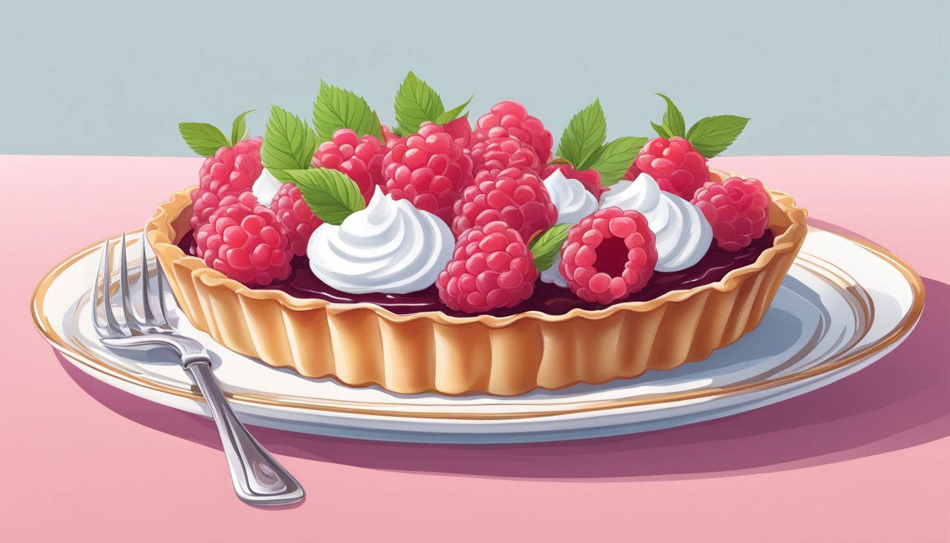 A raspberry tart sits on a delicate plate, adorned with fresh raspberries and a dollop of whipped cream. A fork hovers nearby, ready to dig in