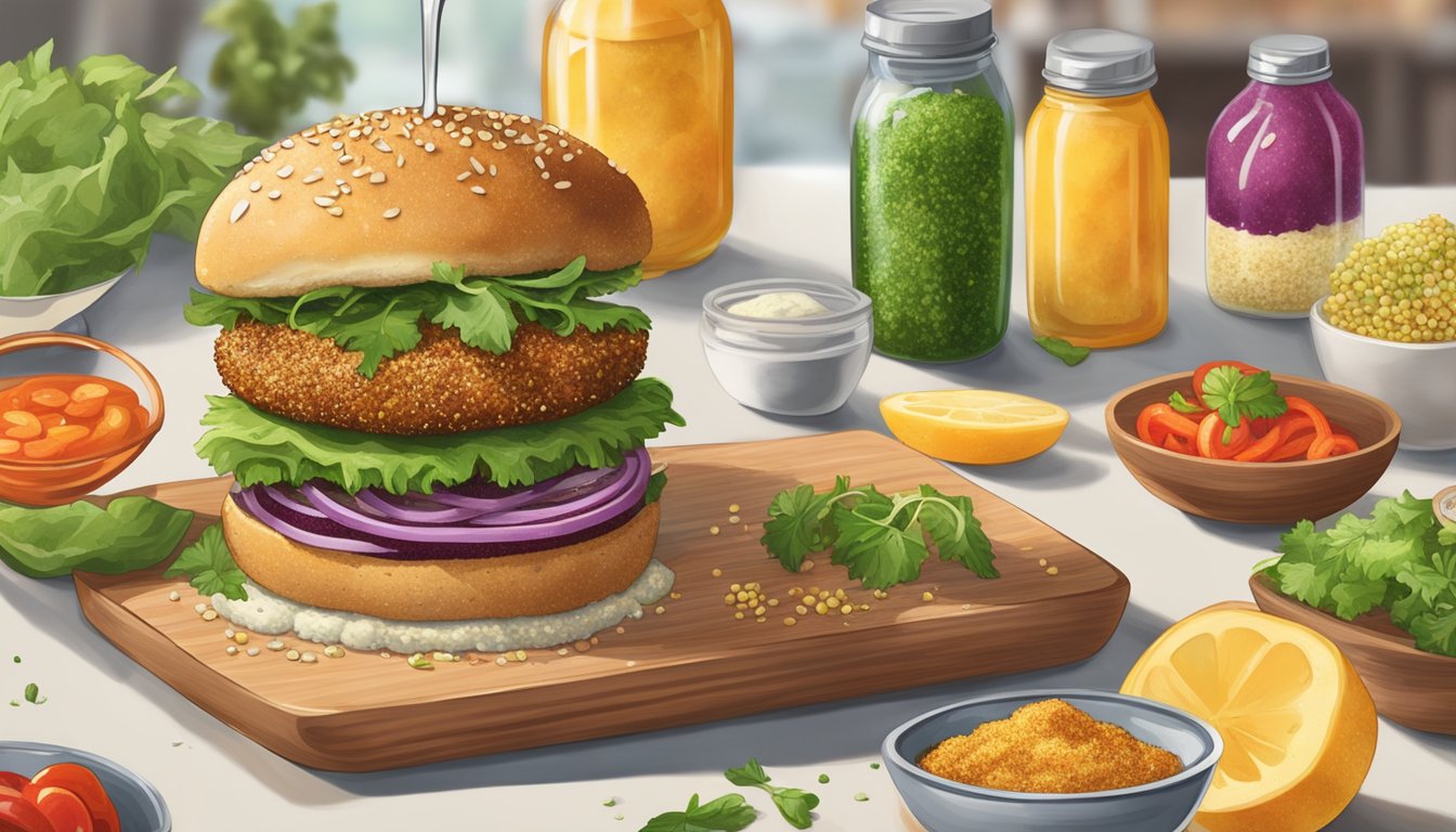 A quinoa burger being sprinkled with various seasonings and flavorings, adding color and texture to the dish