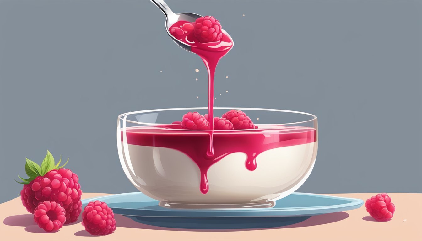 A spoon drizzling raspberry coulis onto a dessert