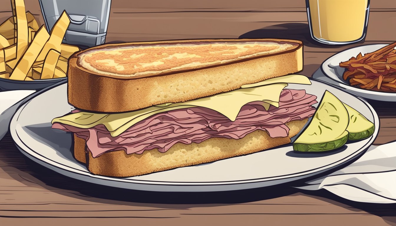 A Reuben sandwich on a plate, with layers of corned beef, sauerkraut, Swiss cheese, and Russian dressing, served with a side of pickles and chips