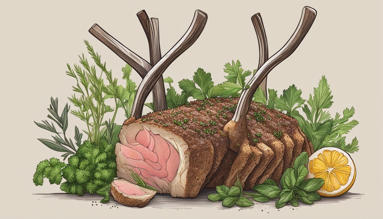 A perfectly cooked rack of lamb, surrounded by fresh herbs and seasonings, ready to be enjoyed