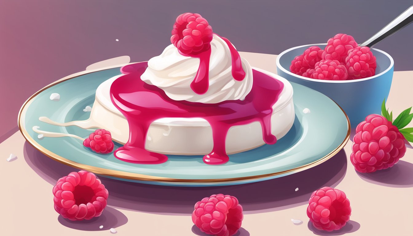 A dollop of raspberry coulis drizzled over a scoop of vanilla ice cream, with fresh raspberries scattered around the plate