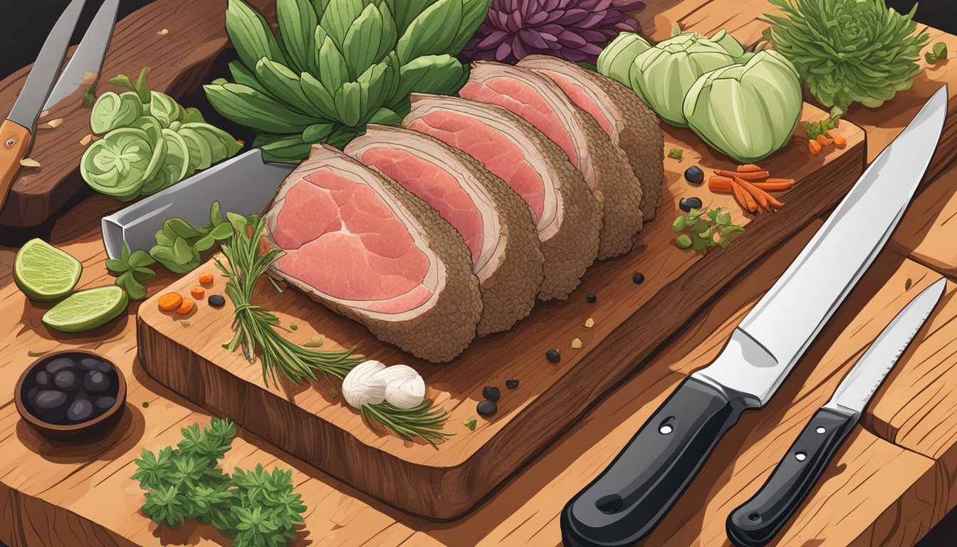 A chef's knife slicing into a succulent rack of lamb, surrounded by fresh herbs and spices on a wooden cutting board