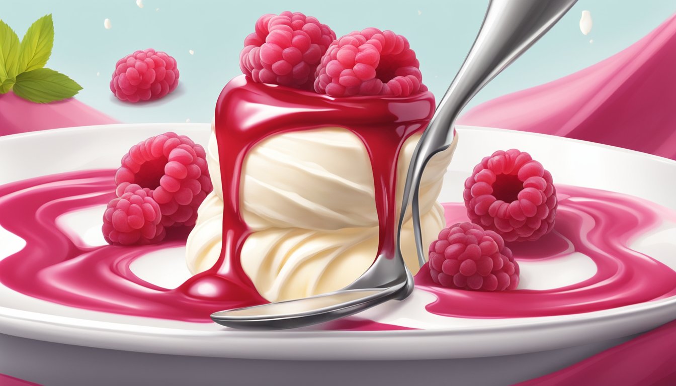 A spoon drizzles raspberry coulis over a tower of vanilla ice cream, creating a vibrant swirl of red against the creamy white