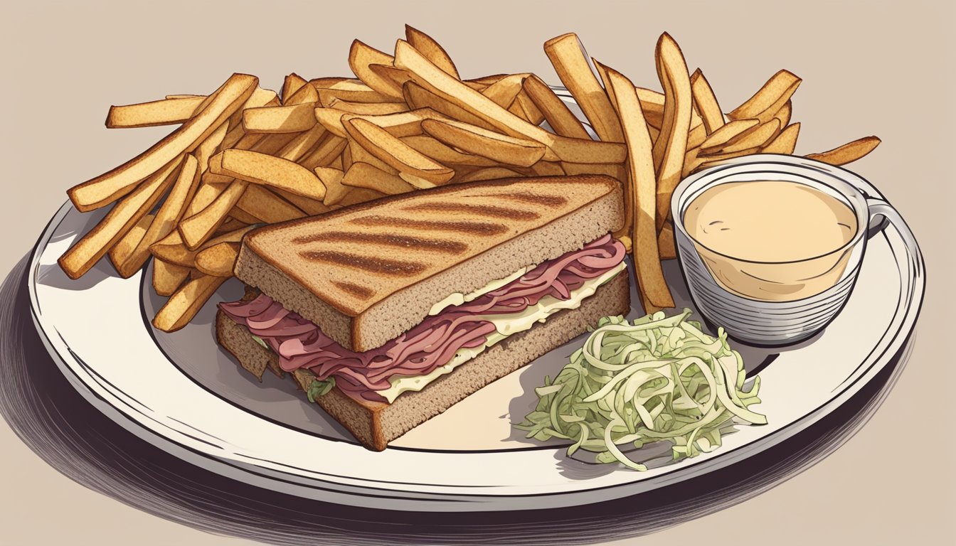 A reuben sandwich sits on a plate, surrounded by a pile of crispy fries and a small cup of creamy coleslaw