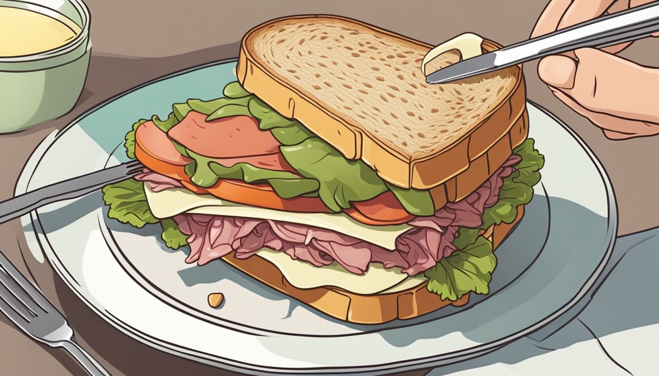 A reuben sandwich being eaten with a fork and knife, a bite being cut and lifted from the sandwich