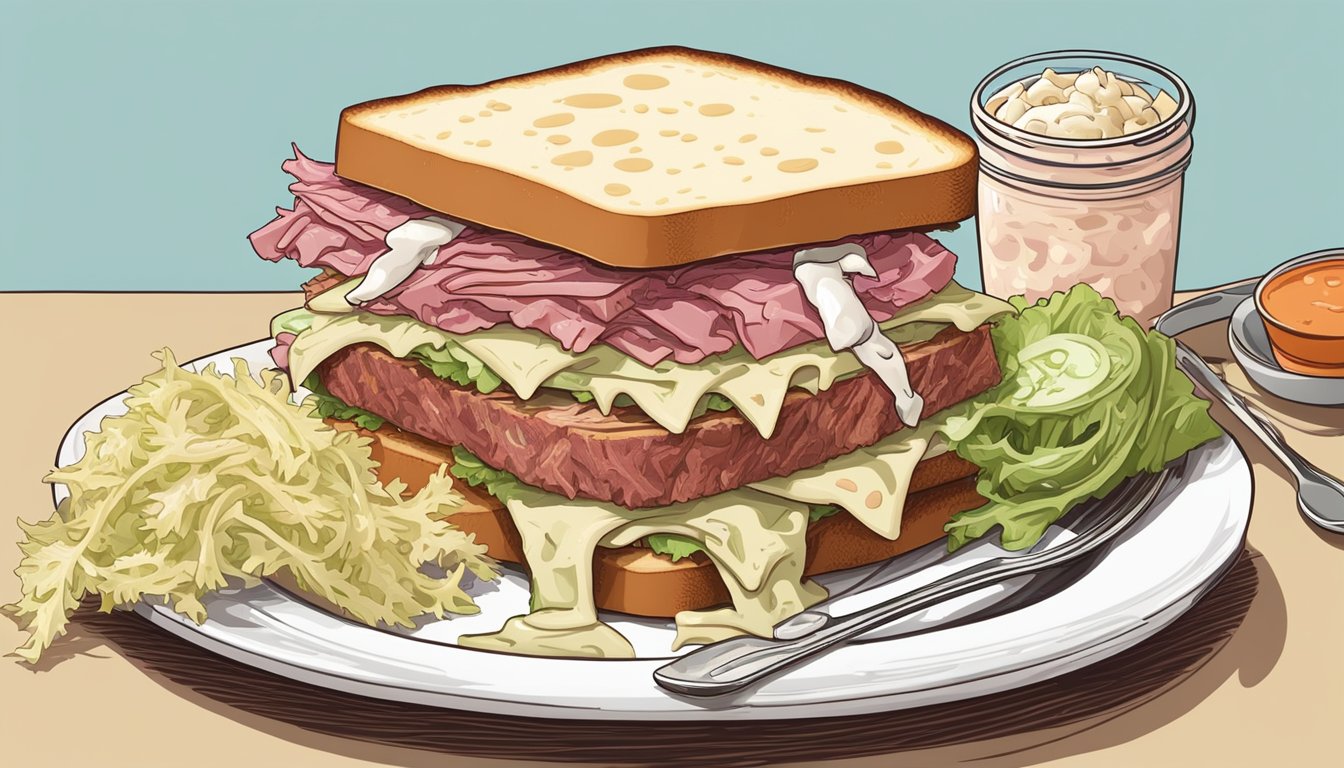 A mouth bites into a stacked Reuben sandwich, layers of corned beef, sauerkraut, Swiss cheese, and Russian dressing oozing out. A pickle spear and a side of coleslaw sit on the plate