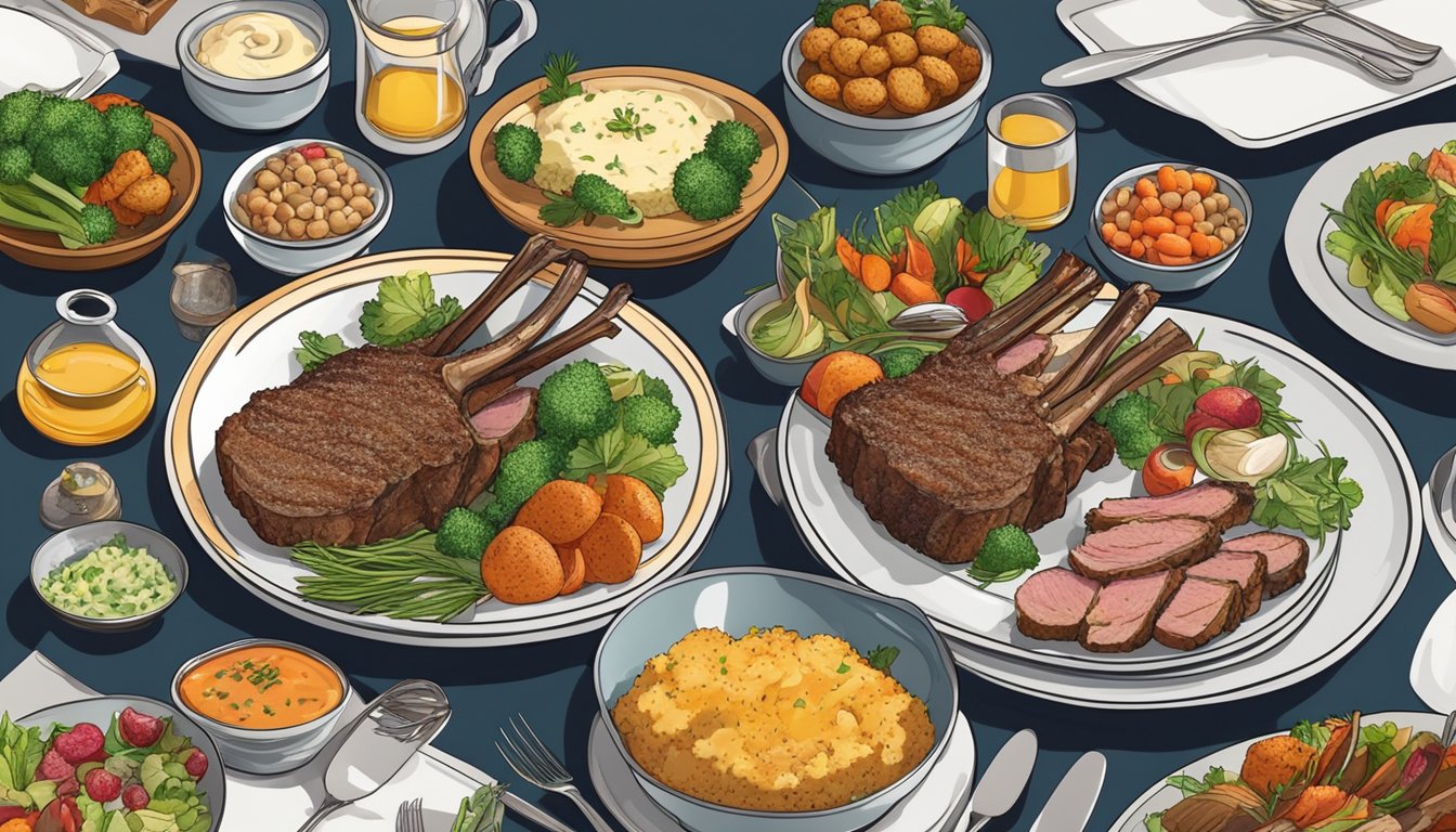 A beautifully arranged plate with a perfectly cooked rack of lamb as the centerpiece, surrounded by an assortment of colorful and appetizing side dishes and accompaniments