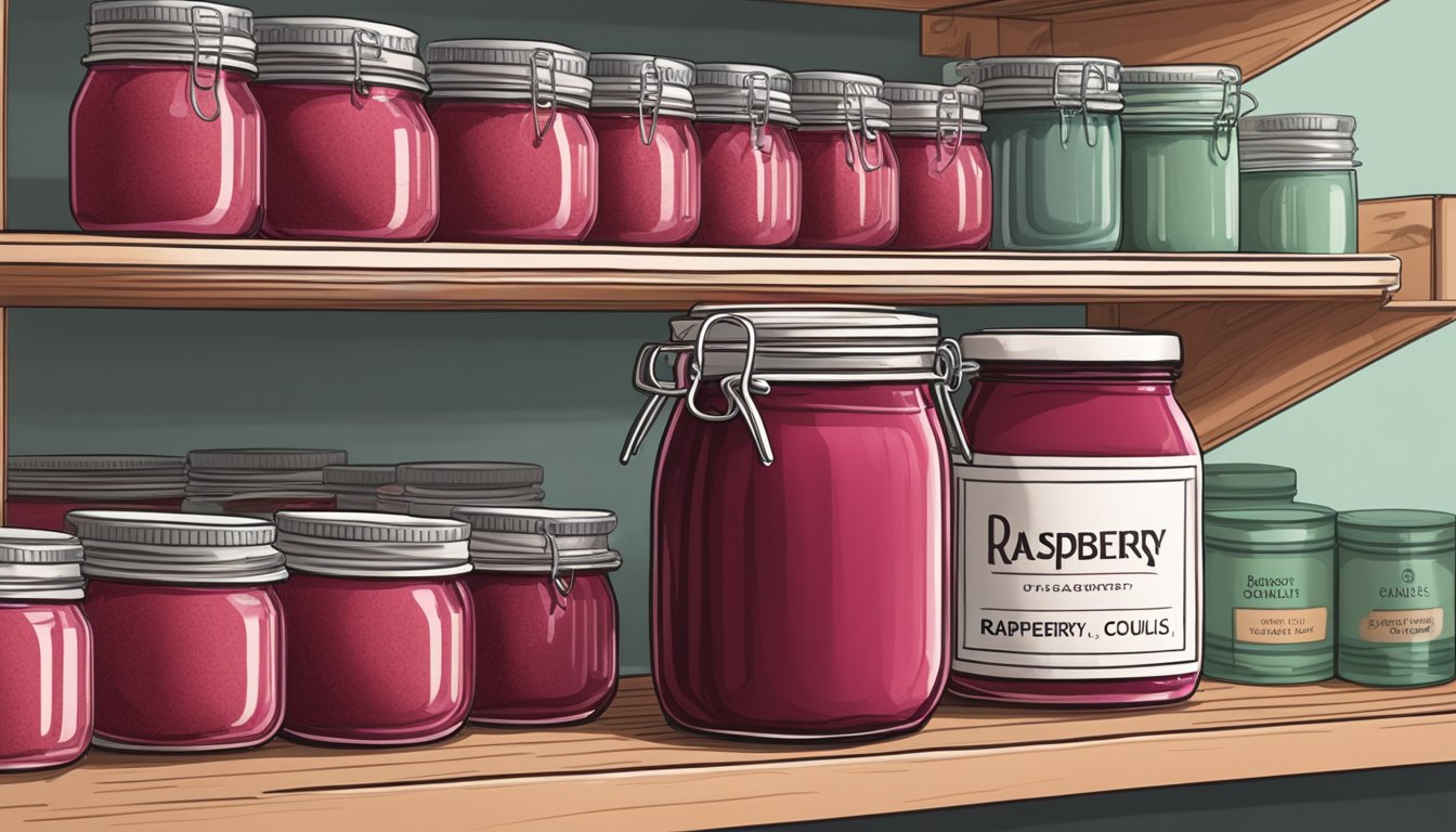 A glass jar of raspberry coulis sits on a shelf next to neatly arranged containers of prepped ingredients. A label with "Raspberry Coulis" is affixed to the jar