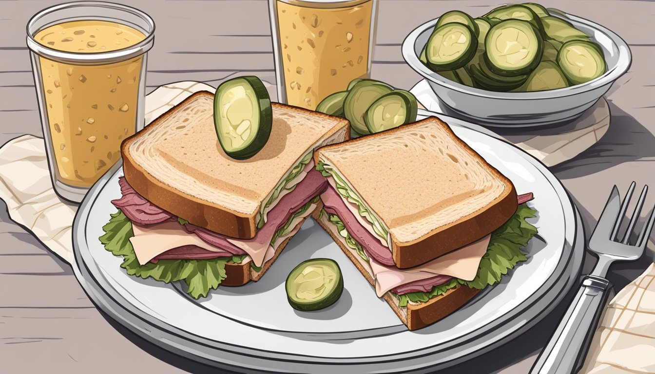 A reuben sandwich sits on a clean plate, with a side of pickles and chips. The sandwich is neatly cut in half, revealing layers of corned beef, sauerkraut, Swiss cheese, and thousand island dressing between slices of rye bread