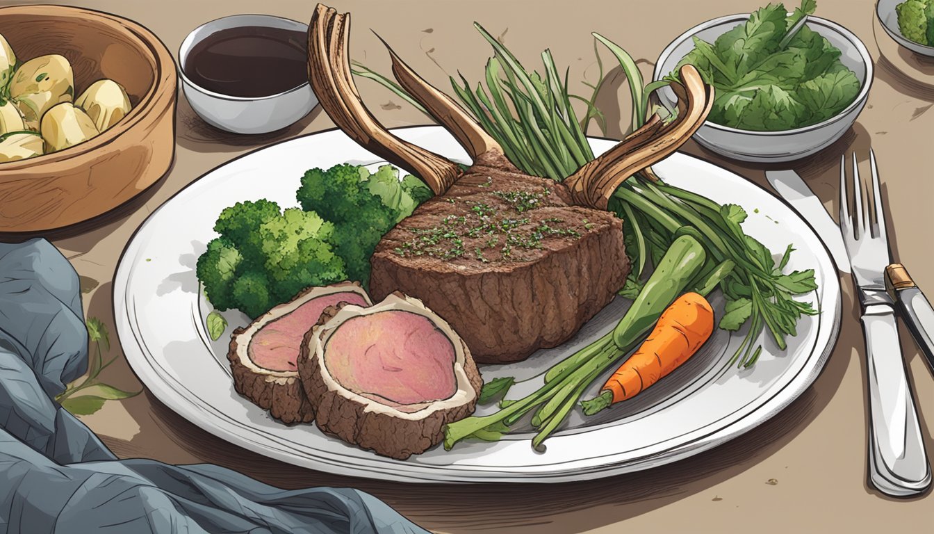 A rack of lamb on a plate, with a knife and fork beside it, surrounded by leftover vegetables and herbs