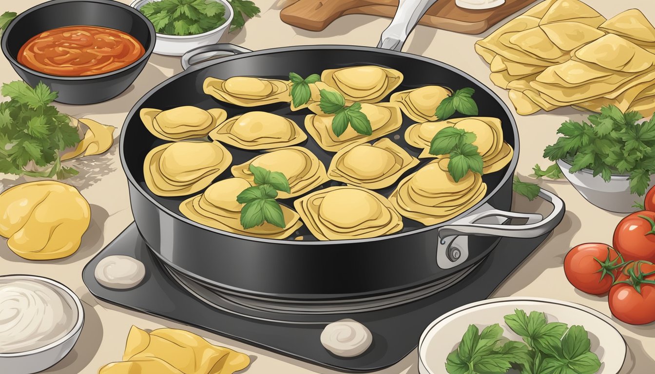 Ravioli cooking in a sizzling pan, surrounded by various ingredients for making sauces