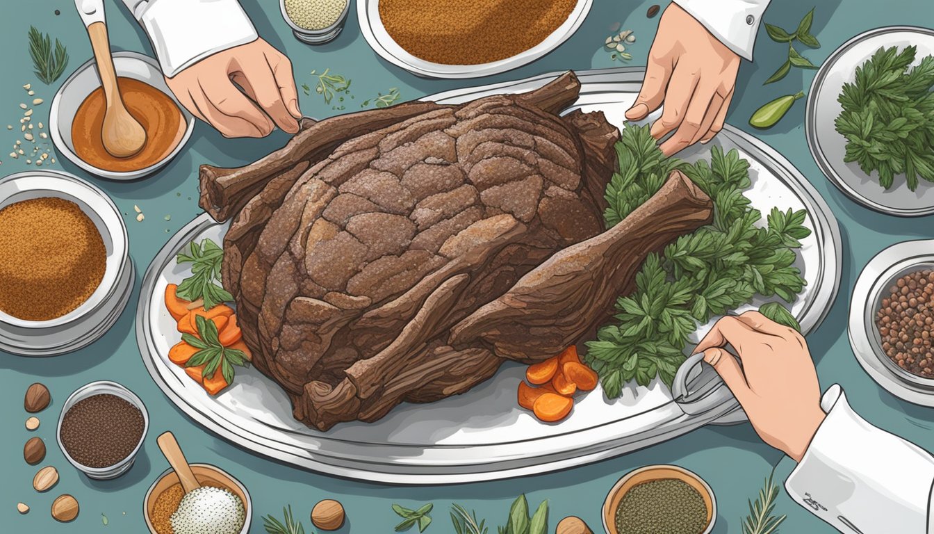 A chef seasoning and tying a rib roast, surrounded by various herbs and spices