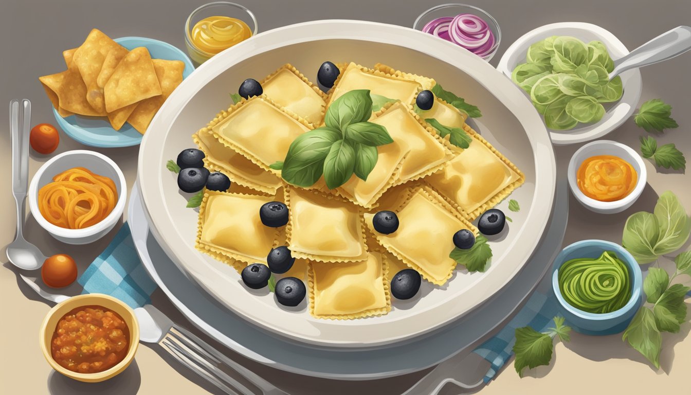 A fork spearing a single ravioli, surrounded by colorful side dishes