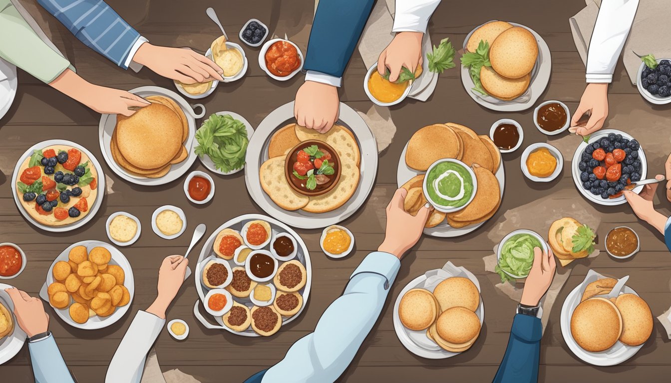 A table set with various English muffin toppings and spreads, surrounded by eager diners reaching for their favorite combinations