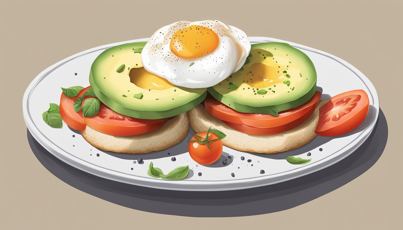 An English muffin split in half with toppings like avocado, tomato, and a poached egg on a plate