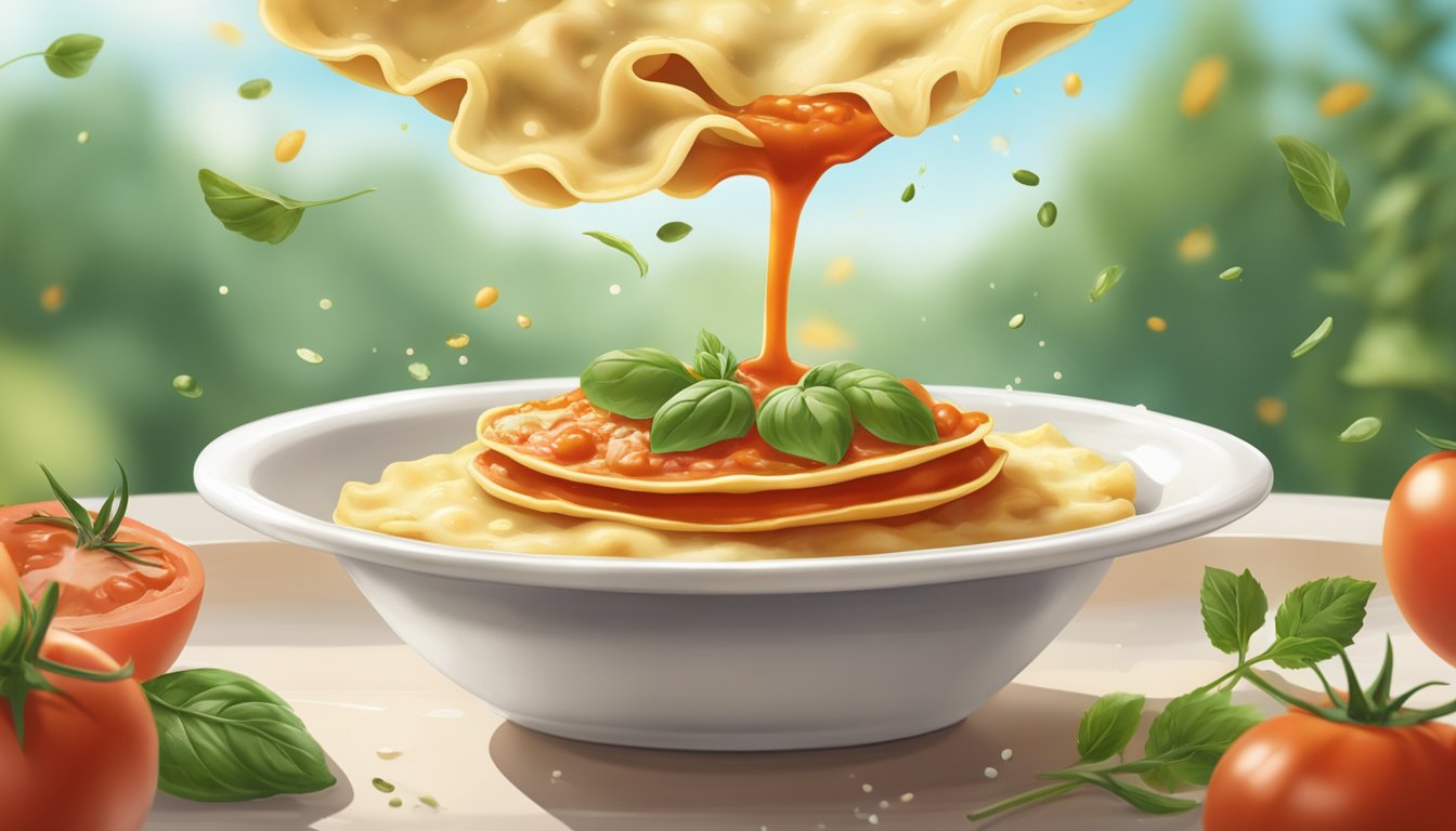 A single ravioli suspended in mid-air, surrounded by a swirl of rich tomato sauce and a sprinkle of fresh herbs